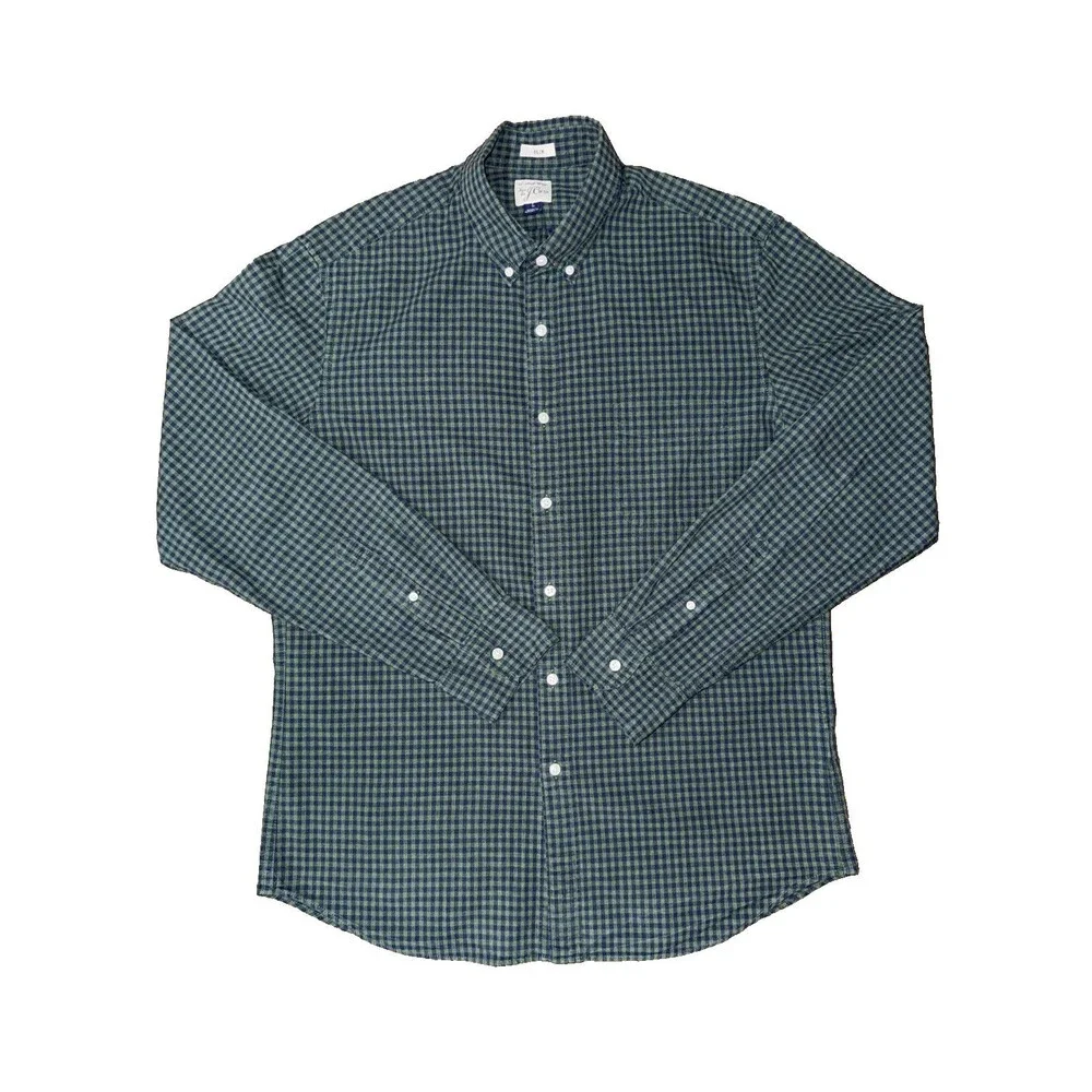 J.Crew Mens Green Navy Gingham Button Down Shirt Cotton Long Sleeve Casual L